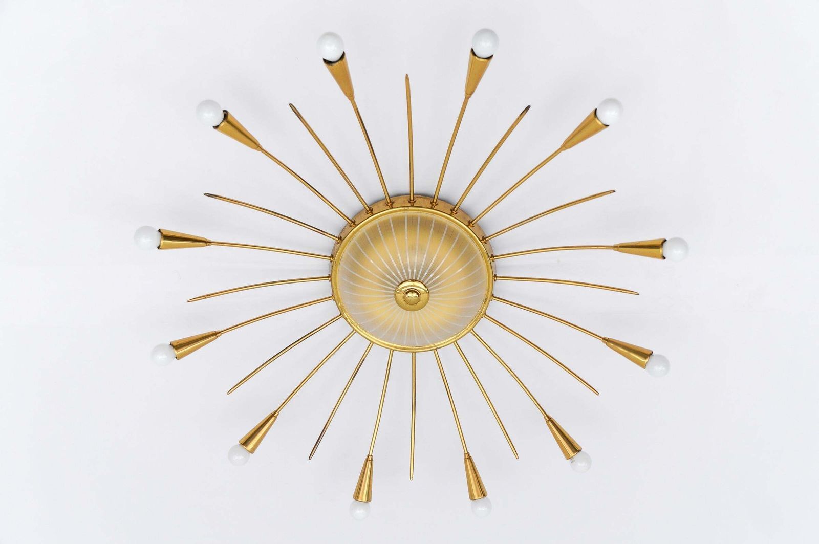 Large Mid Century Modern 12 Arm Brass And Glass Sputnik Lamp, Germany, 1950s photo for sale