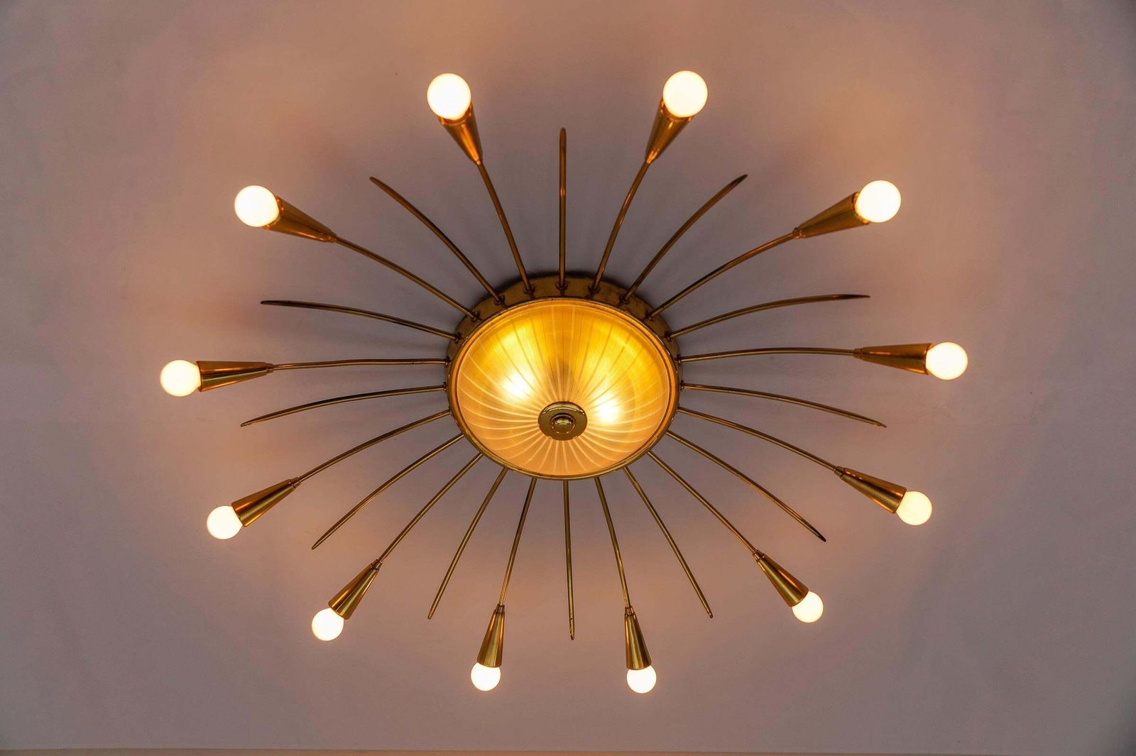 Large Mid Century Modern 12 Arm Brass And Glass Sputnik Lamp, Germany, 1950s photo vintage