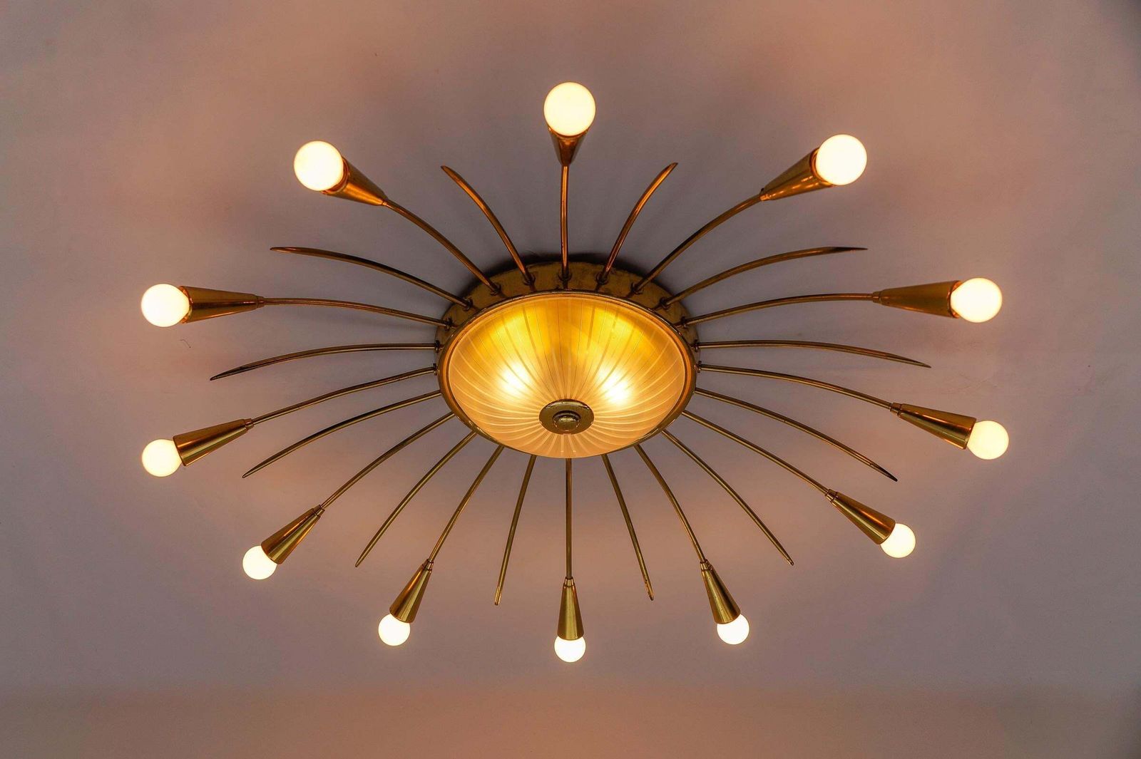 photo furniture Large Mid Century Modern 12 Arm Brass And Glass Sputnik Lamp, Germany, 1950s