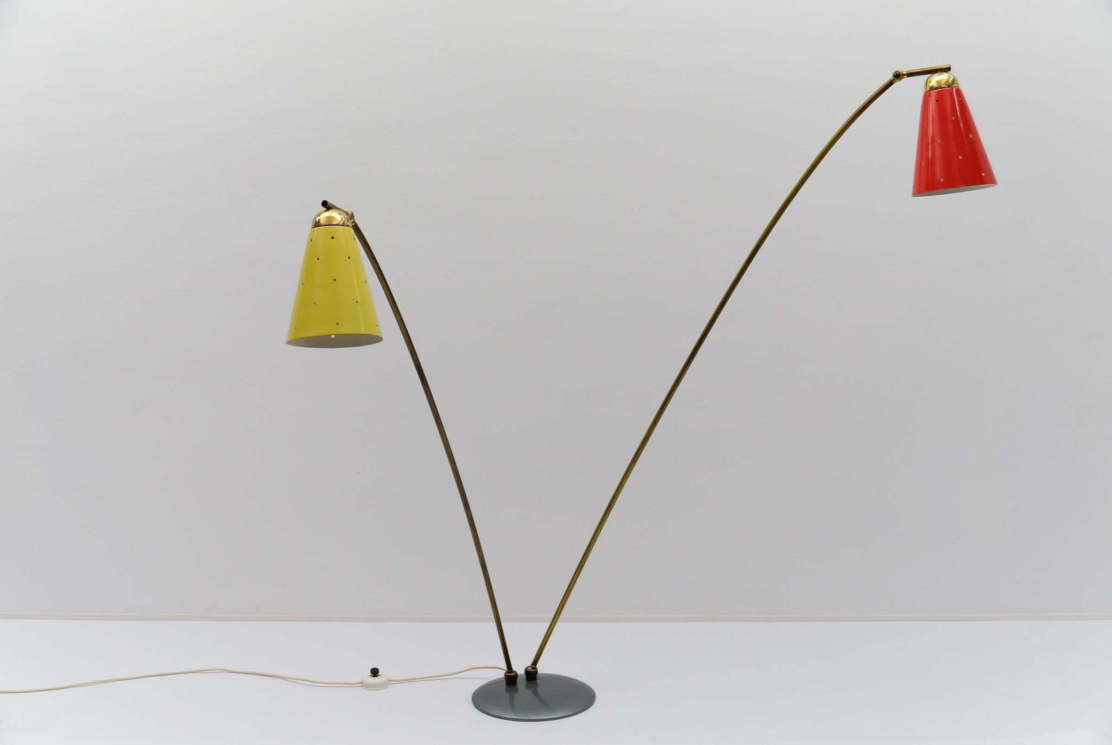 Awesome Double Mid Century Modern Brass & Perforated Metal Floor Lamp, 1950s photo vinterior