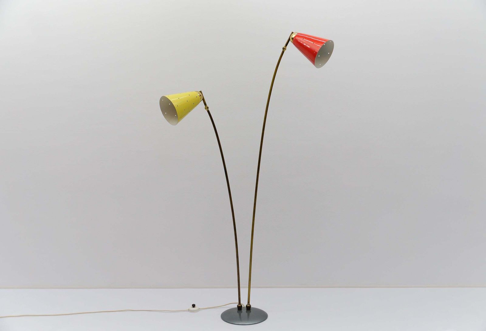 photo for sale Awesome Double Mid Century Modern Brass & Perforated Metal Floor Lamp, 1950s