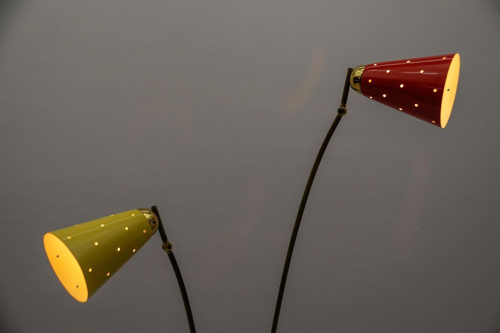 Lighting Awesome Double Mid Century Modern Brass & Perforated Metal Floor Lamp, 1950s photo