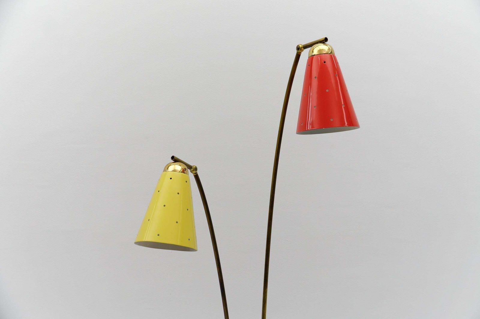1864.0 Awesome Double Mid Century Modern Brass & Perforated Metal Floor Lamp, 1950s photo