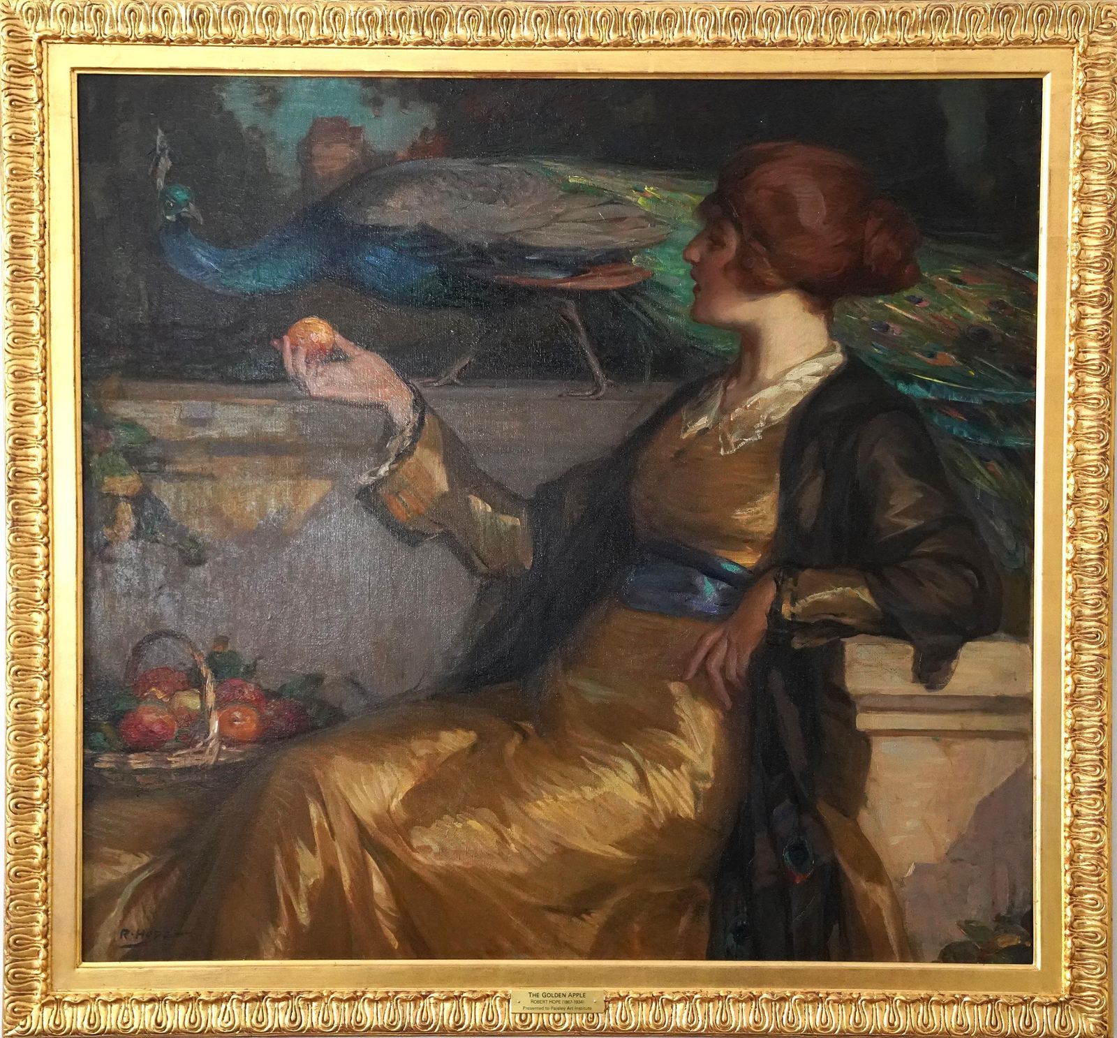 Robert Hopethe Golden Apple   British Rsa Exh Art Female Portrait Oil Painting Peacock Bird1919