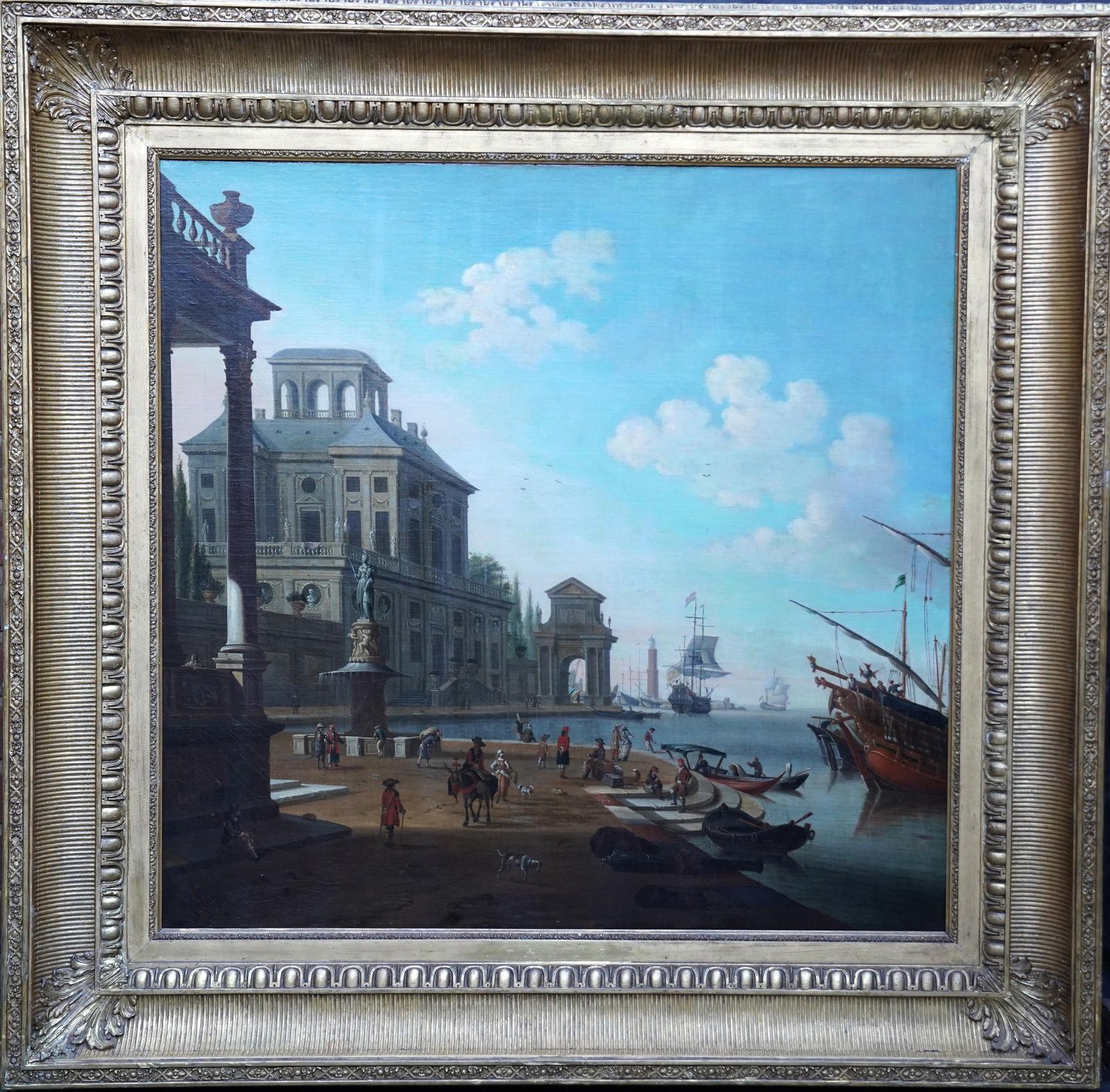 Italian Harbour With Figures On Quay   Italian 18thc Art Marine Oil Paintingcirca 1700