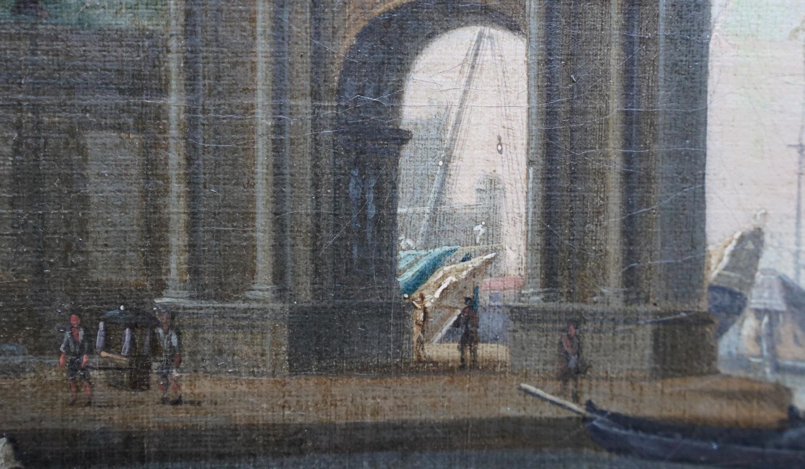 Italian Harbour With Figures On Quay   Italian 18thc Art Marine Oil Paintingcirca 1700 photo vintage