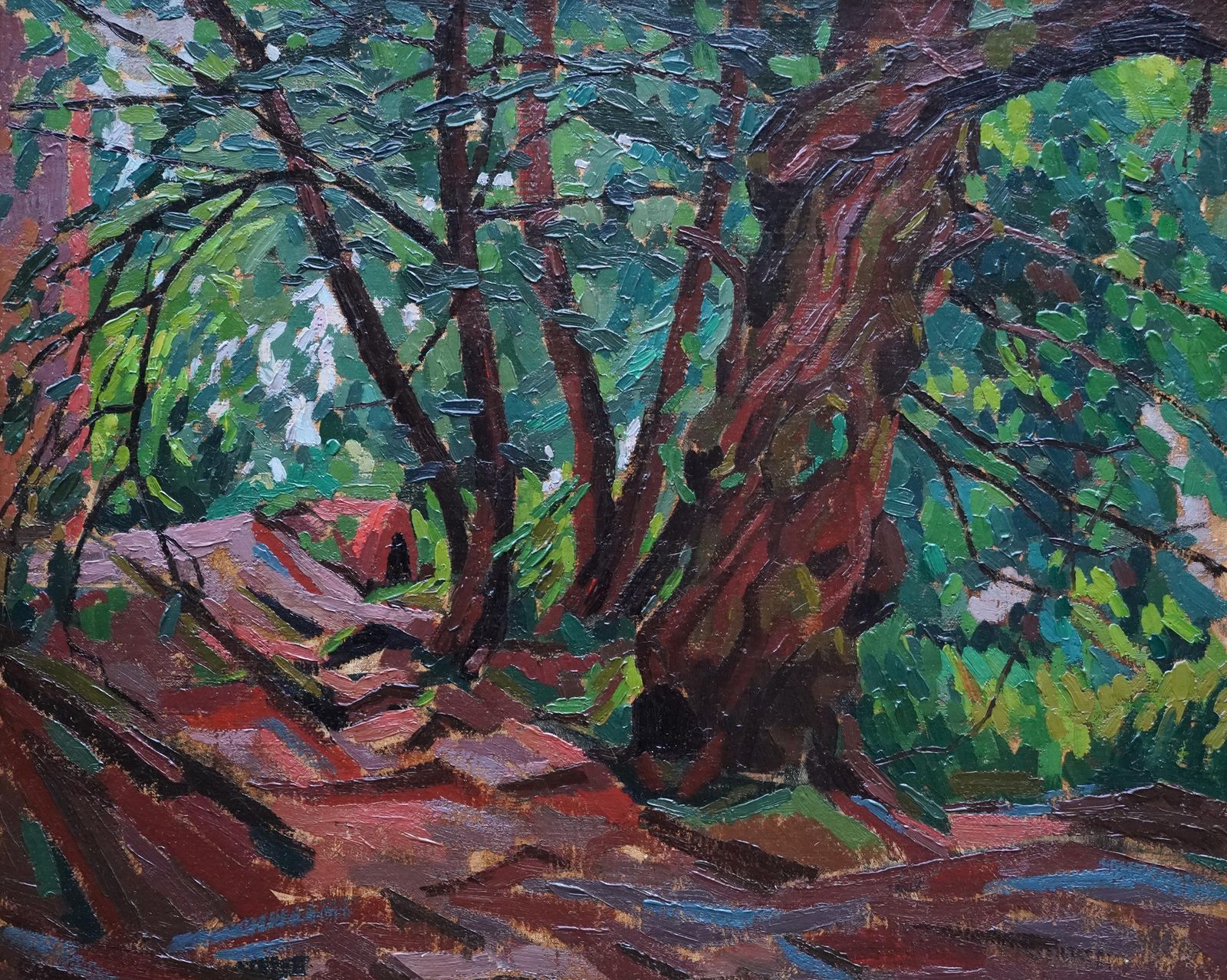 Peter Fieldwooded Landscape   British Post Impressionist 50's Art Oil Paintingcirca 1950 photo furniture