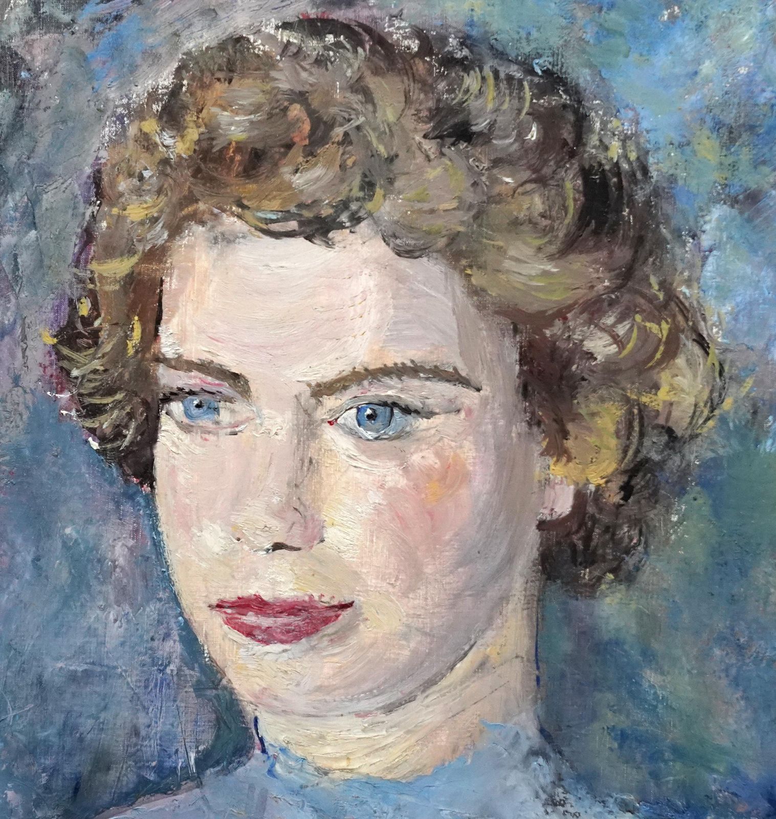 Pauline Glassportrait Of A Lady In Blue   British Post Impressionist 50's Art Oil Paintingcirca 1950 photo 2039.0