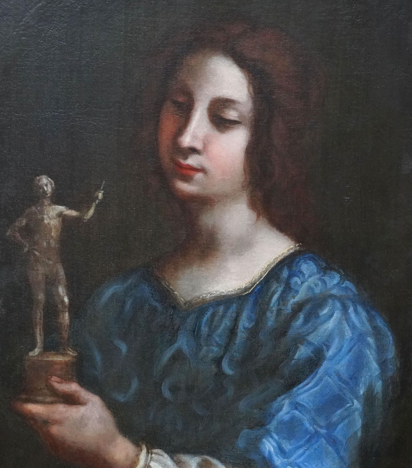 Portrait Of A Lady Holding Statuette   Italian Baroque Old Master Oil Paintingcirca 1685 photo furniture