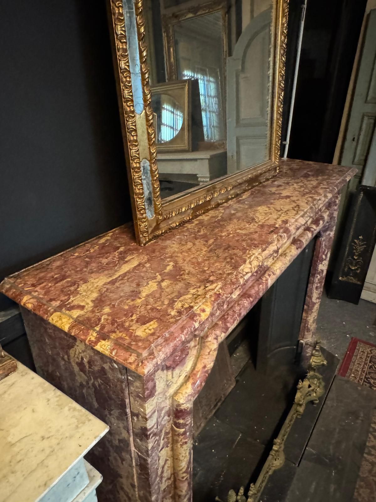 Elegant Antique Mantle Fireplace In Polychrome Marble Peach Blossom, Italy photo vintage