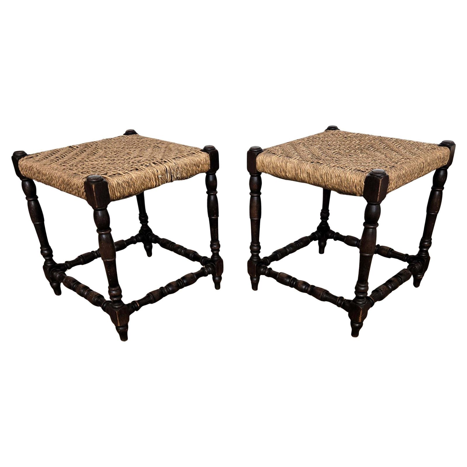 Pair Of 1960s Italian Midcentury Carved Wood And Cord Woven Rope Stools