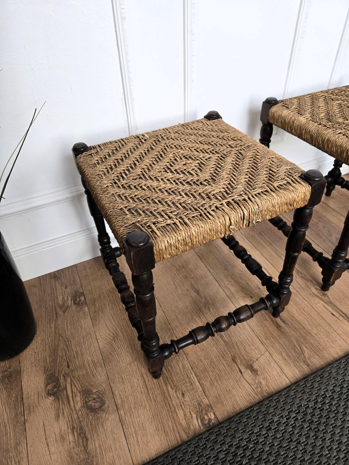 Pair Of 1960s Italian Midcentury Carved Wood And Cord Woven Rope Stools photo buy