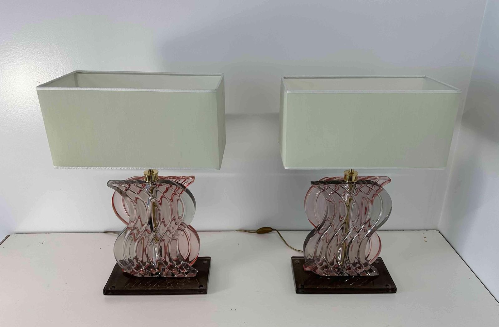 Pair Of Art Deco Style Pink Murano Glass Table Lamps photo for sale