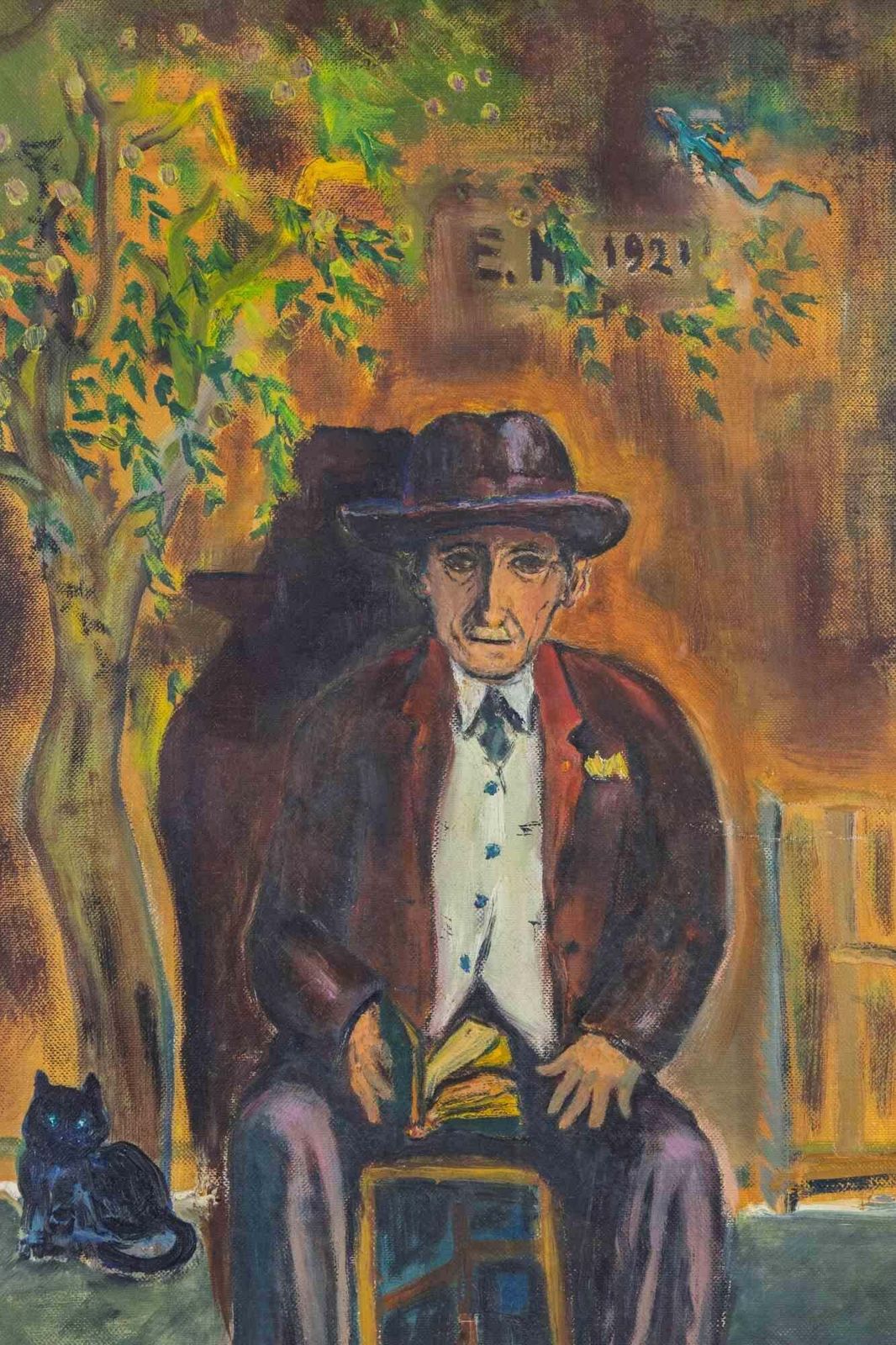 Sirio Pellegriniportrait Of Old Man With Cat In Capestrano   Paint By Sirio Pellegrini   19681968 photo furniture