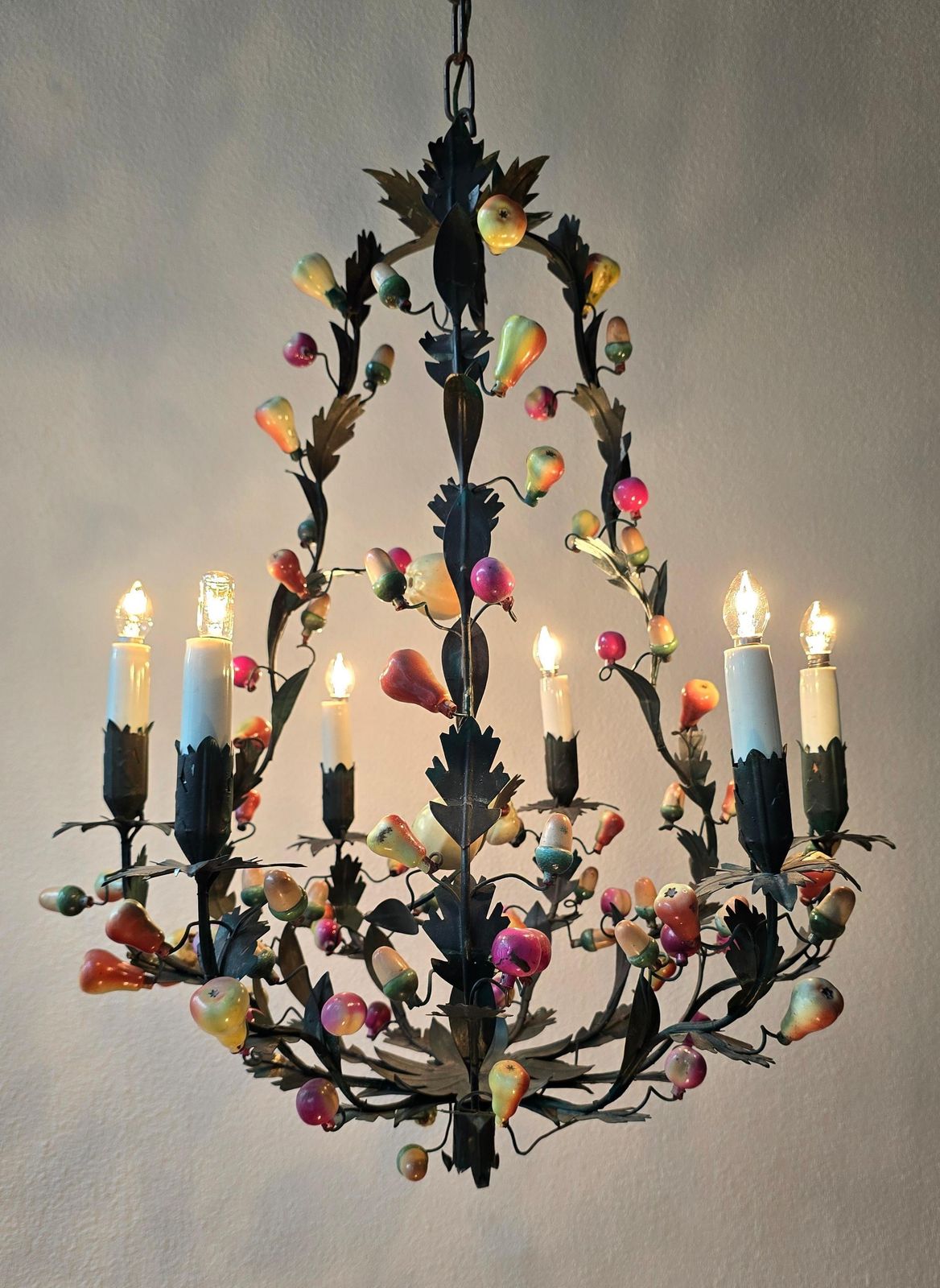 Italian 1950s Tole Fruit Chandelier, Florentine Hollywood Regency Style photo furniture