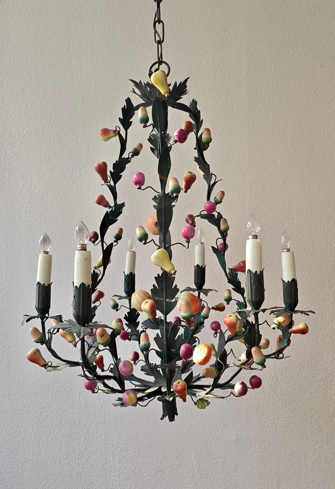 Italian 1950s Tole Fruit Chandelier, Florentine Hollywood Regency Style photo 3021.0
