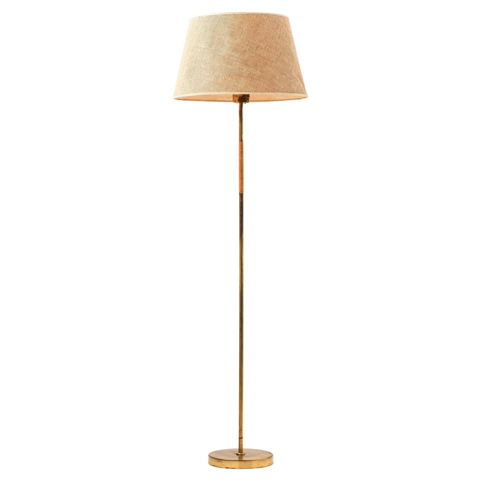 Floor Lamp In Brass, Cane And Original Shade By Paavo Tynell, 1950's