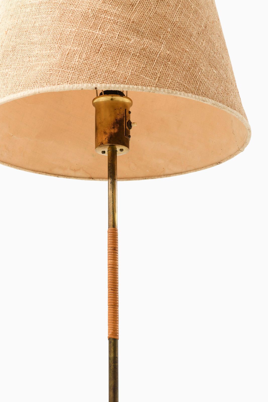 Floor Lamp In Brass, Cane And Original Shade By Paavo Tynell, 1950's photo for sale