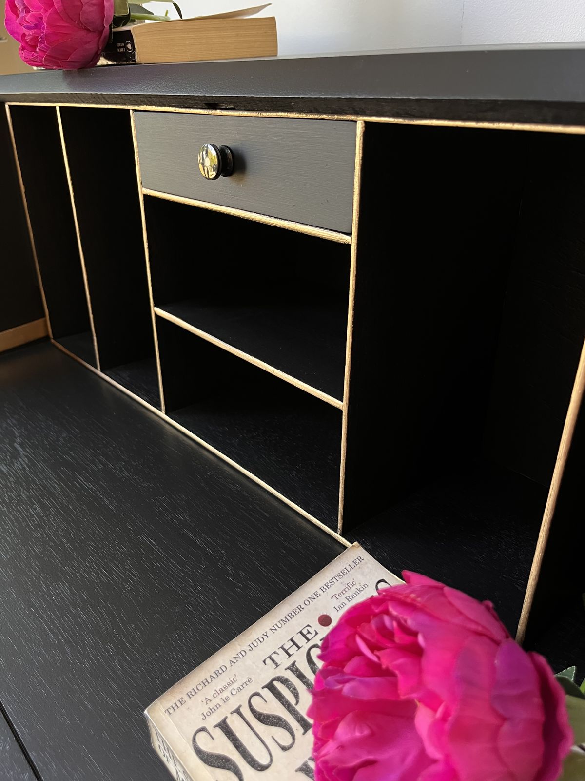Queen Anne Style Bureau Desk Hand Painted In Black And Gold photo furniture