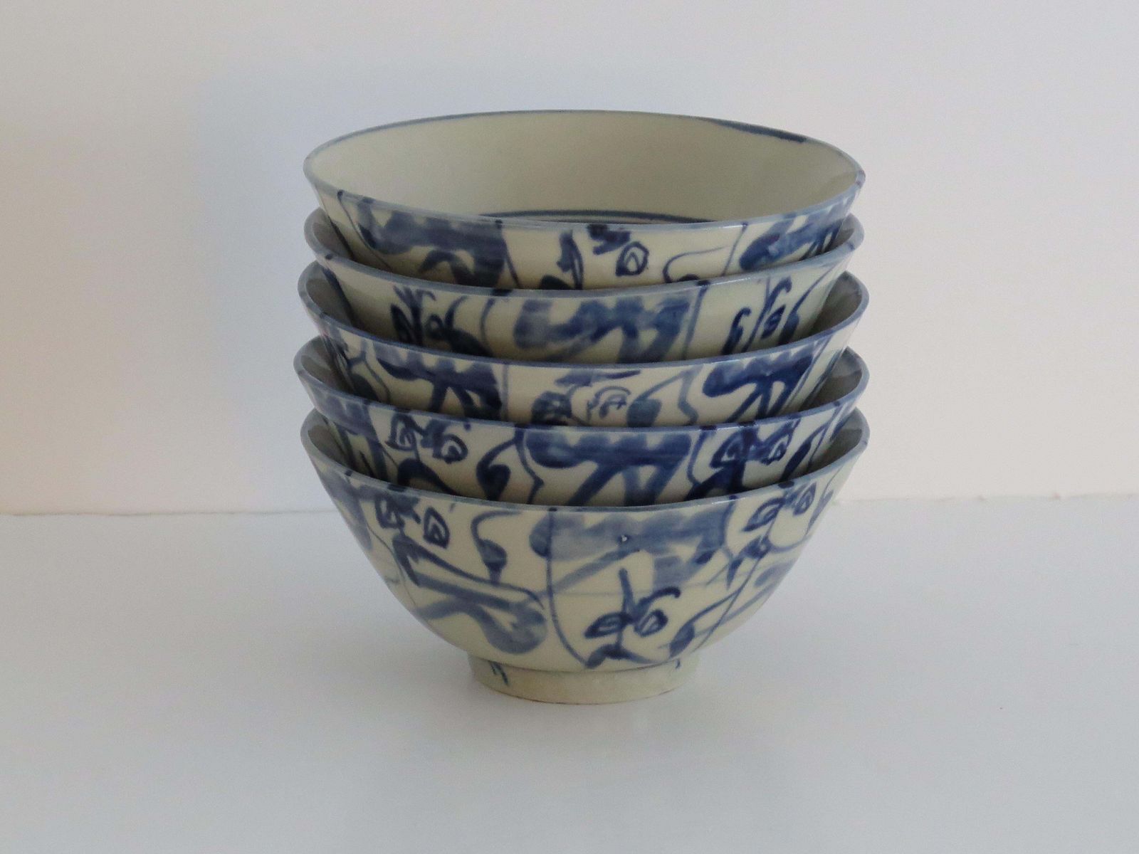 photo for sale Set Of Five Chinese Porcelain Berry Bowls Blue And White Hand Painted, 20th C