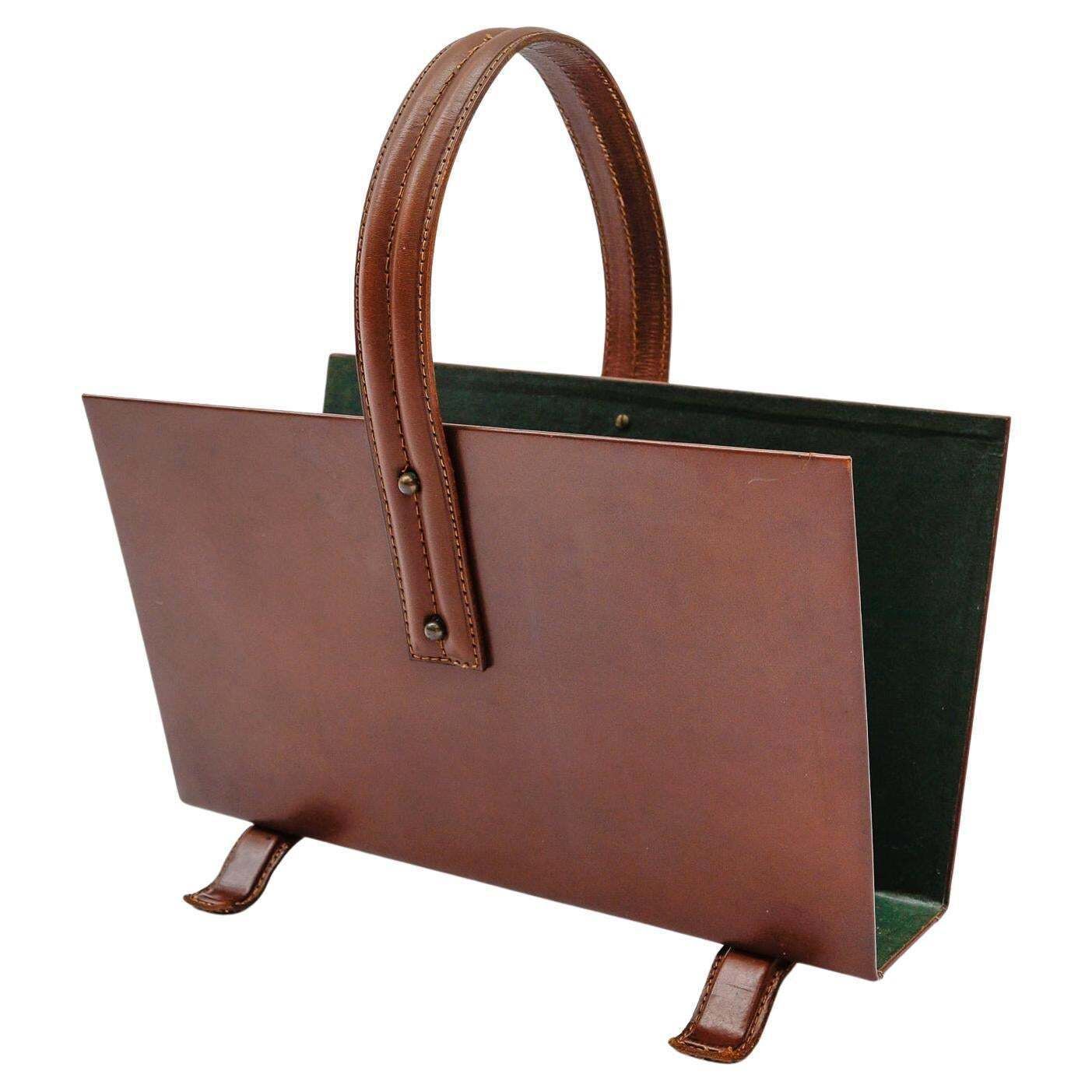 Jacques Adnet Magazine Rack Made In Leather And Brass, 1950s