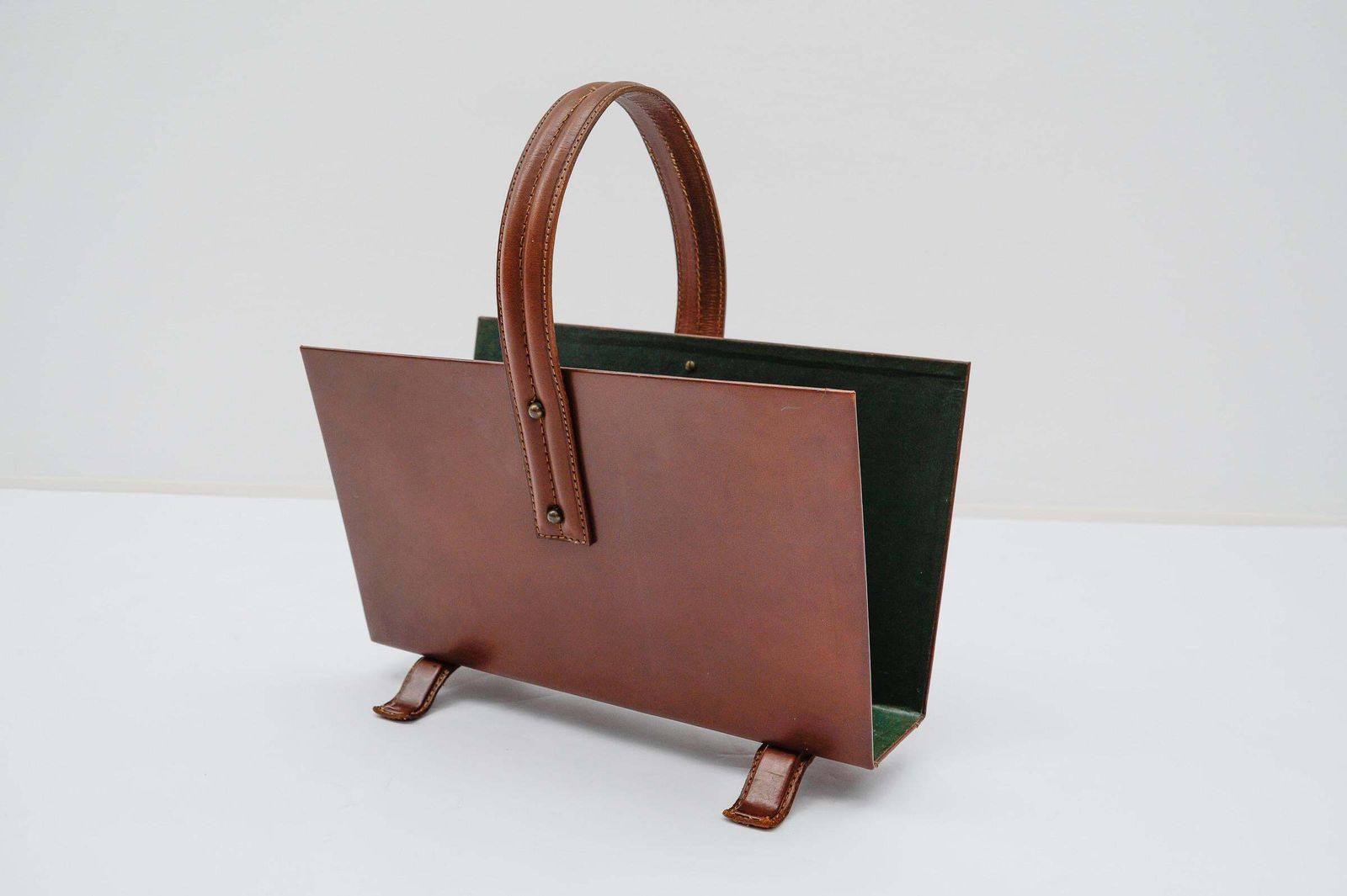 Jacques Adnet Magazine Rack Made In Leather And Brass, 1950s photo for sale