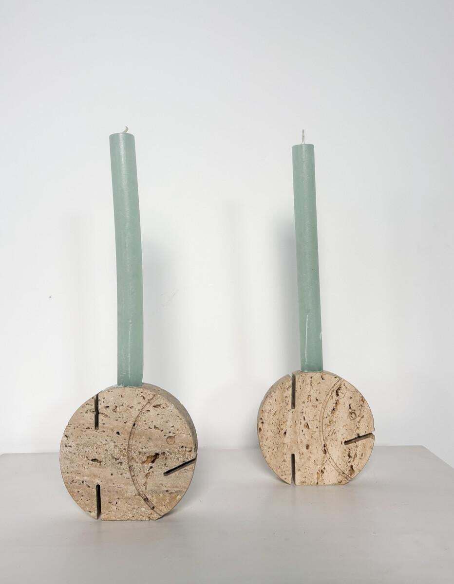 Pair Of Two Travertine Pisces Candlesticks By Fratelli Mannelli, 1970s photo vinterior