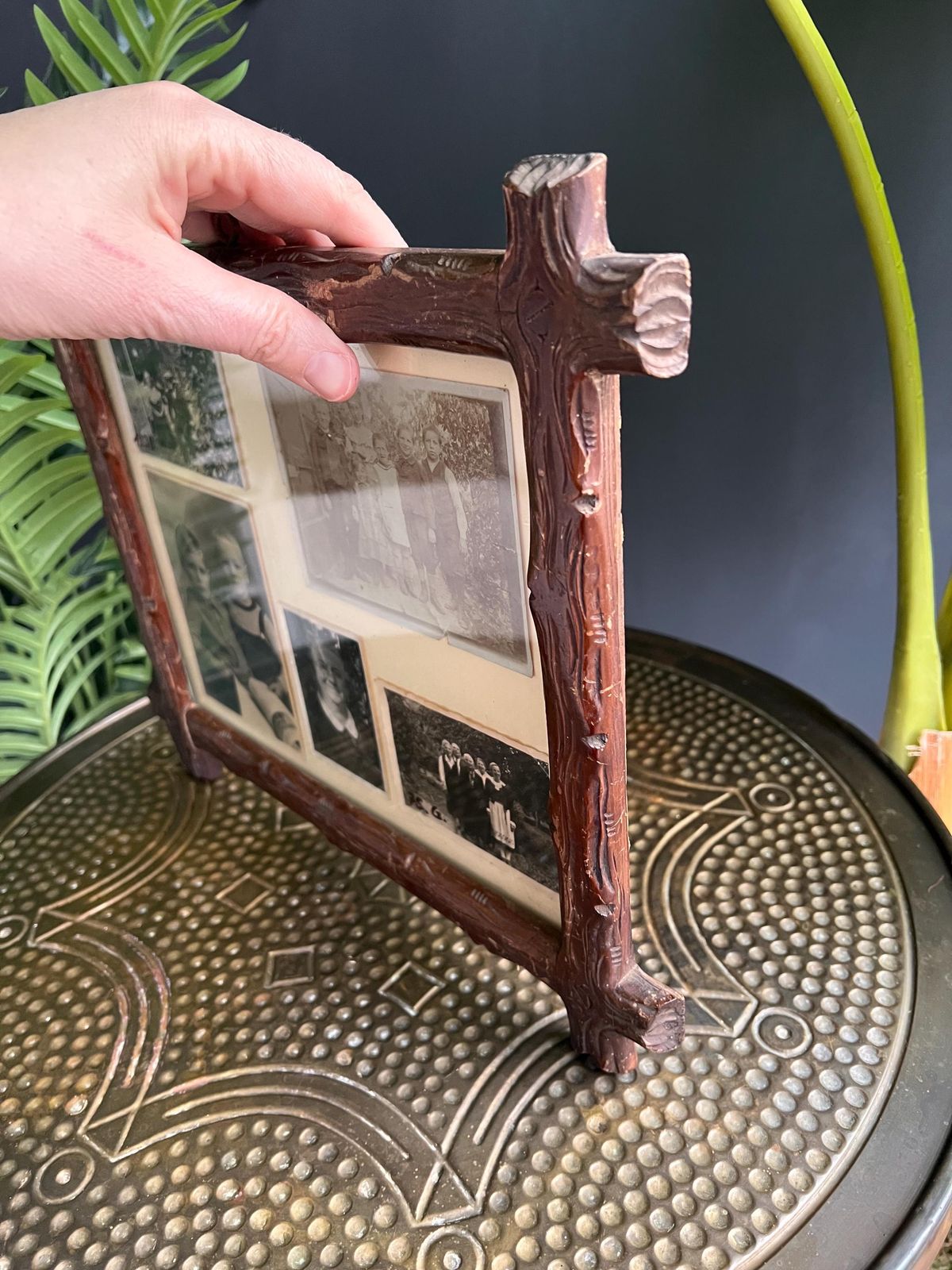 136.0 Tramp Art Picture Frame: Hand Carved Folk Art Wood, Swiss 1900s photo