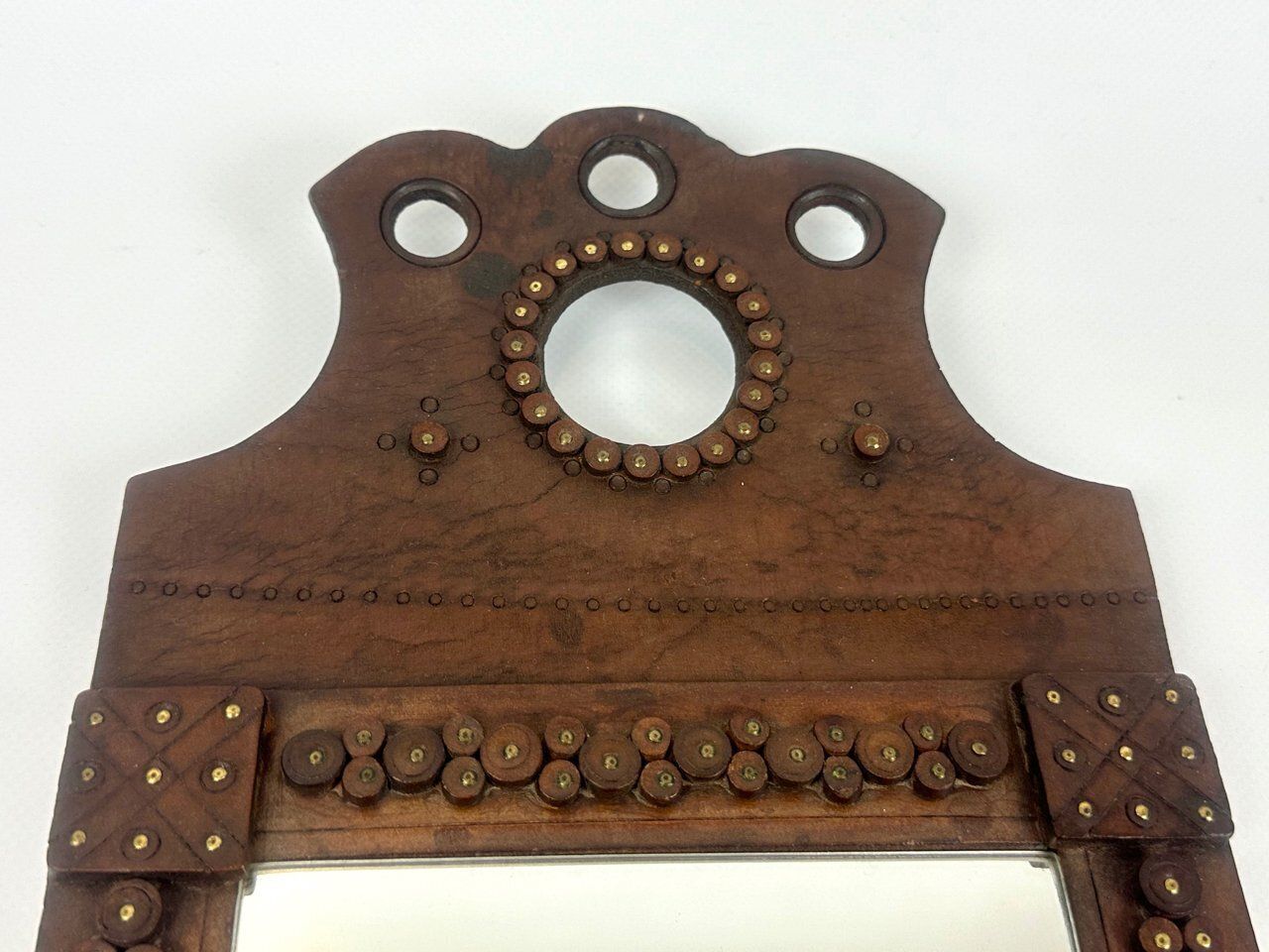 Hungarian Folk Art Leather Framed Mirror, 1960s photo for sale
