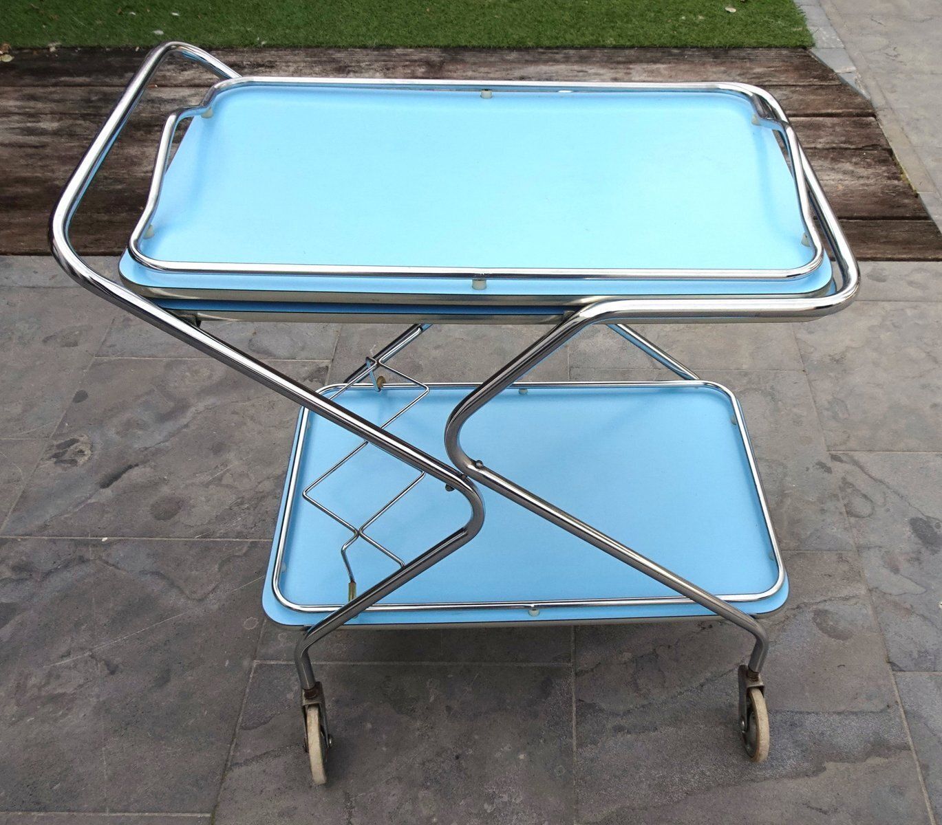 Bleu Formica And Chrome Plated Trolley With Removable Serving Tray From Torck, 1950s photo furniture