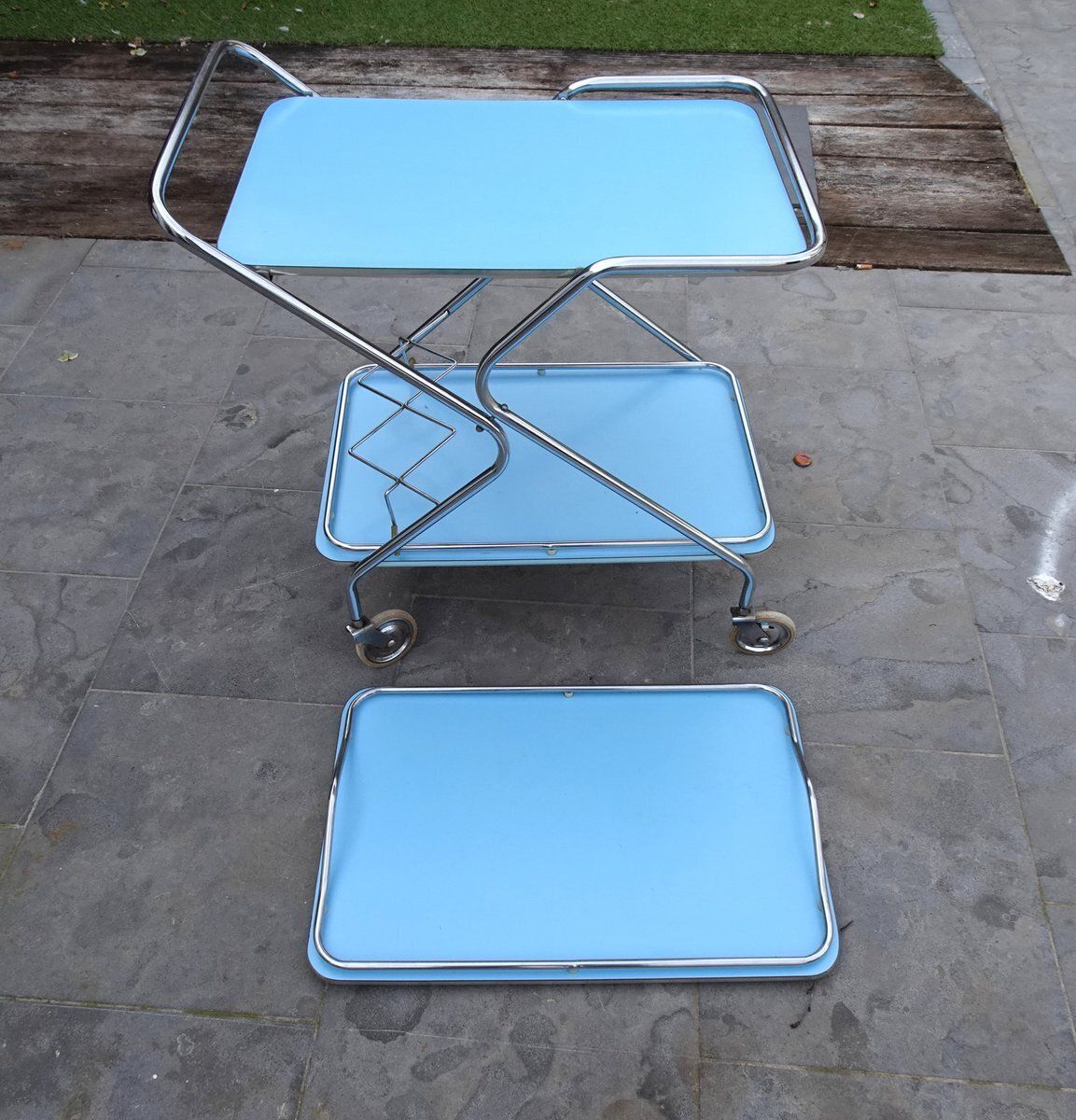 Bleu Formica And Chrome Plated Trolley With Removable Serving Tray From Torck, 1950s photo vinterior