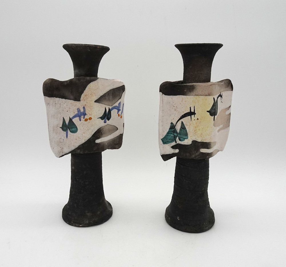 Mid Century Brutalist Ceramic Vases Or Candleholders, 1980s, Set Of 2 photo vintage