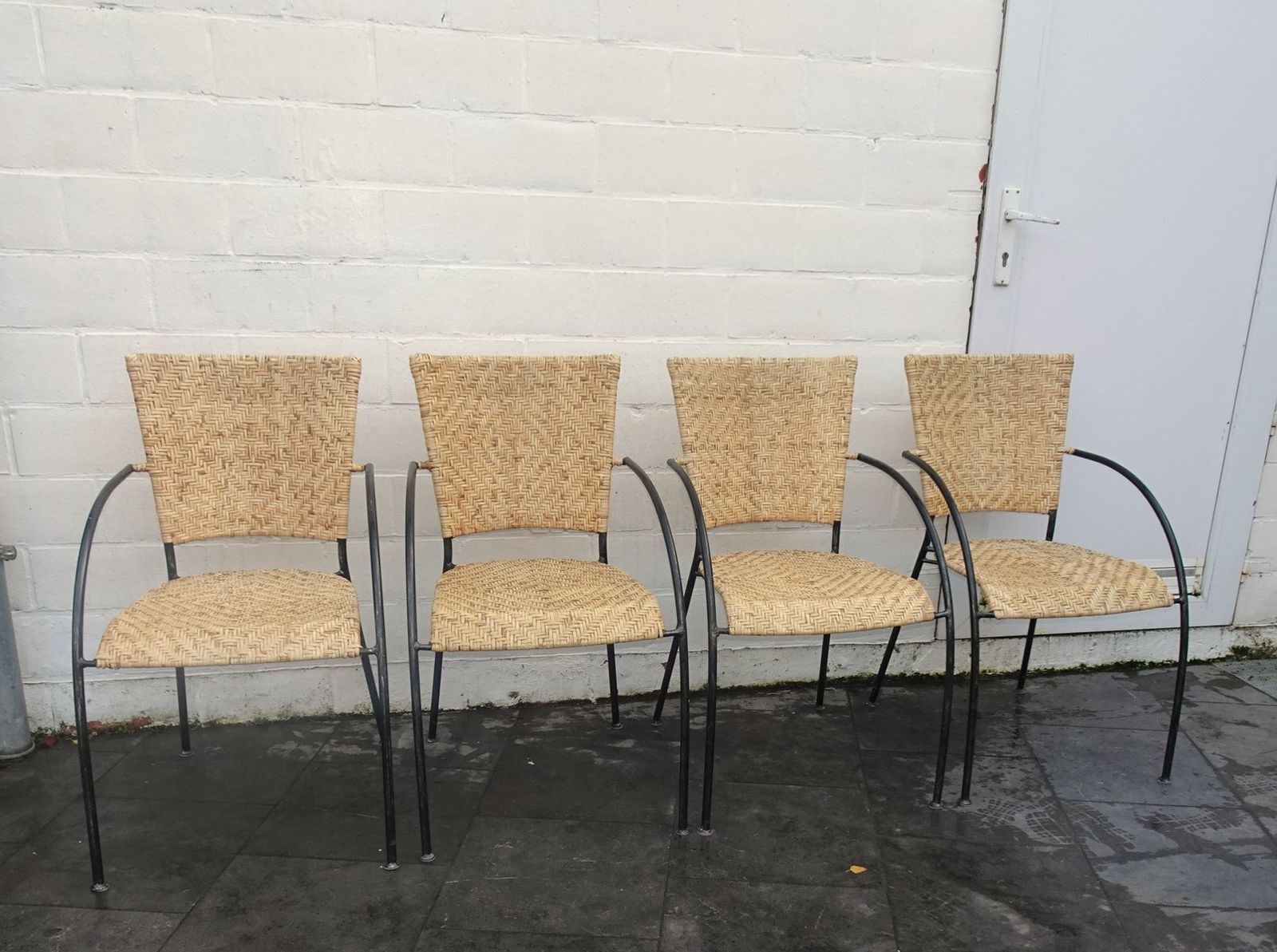 Vintage Italian Stackable Chairs In Rattan And Metal, 1970s, Set Of 4