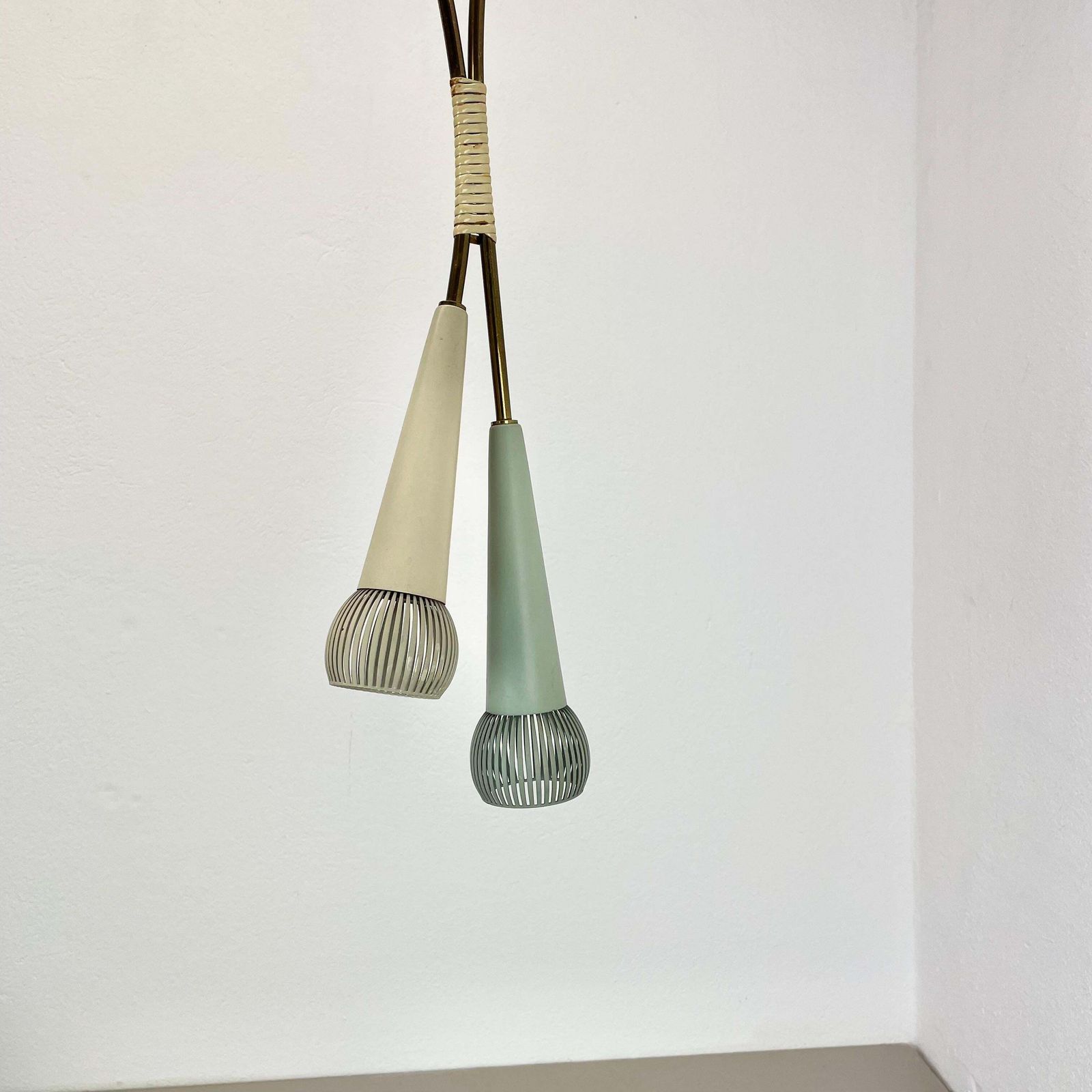 Large 92cm Midcentury Stilnovo Style Brass And Metal Hanging Light, Italy 1950 photo for sale