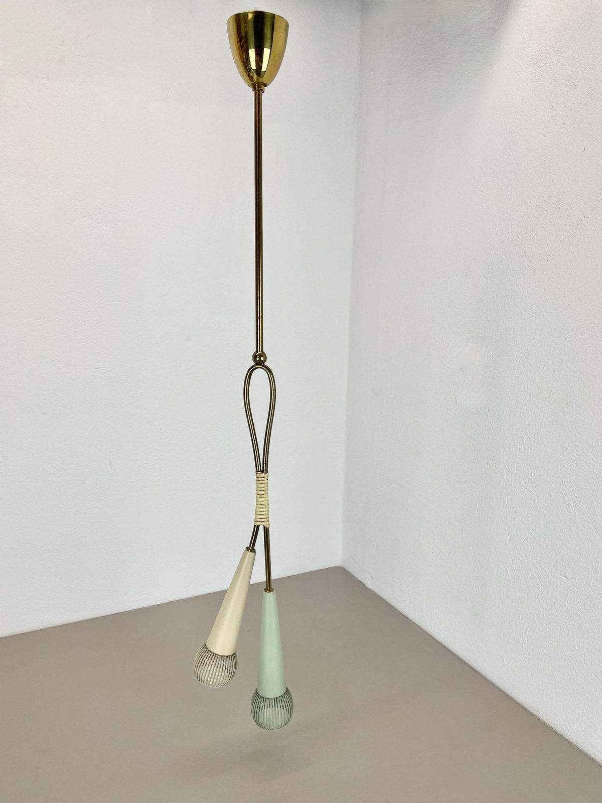 1387.0 Large 92cm Midcentury Stilnovo Style Brass And Metal Hanging Light, Italy 1950 photo