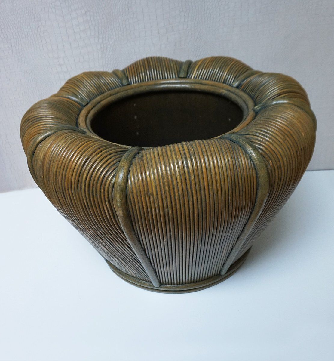 Large Mid Century Modern Rattan Bamboo Cachepot Plant Holder 1970s