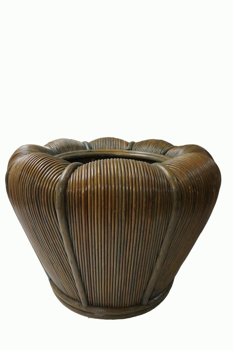 Large Mid Century Modern Rattan Bamboo Cachepot Plant Holder 1970s photo furniture