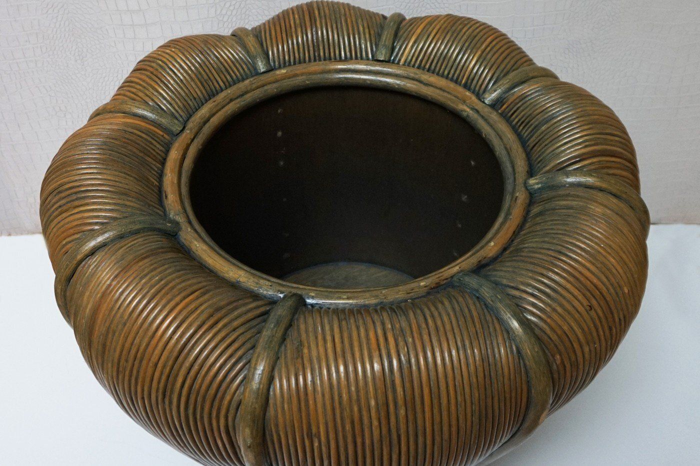 photo furniture Large Mid Century Modern Rattan Bamboo Cachepot Plant Holder 1970s