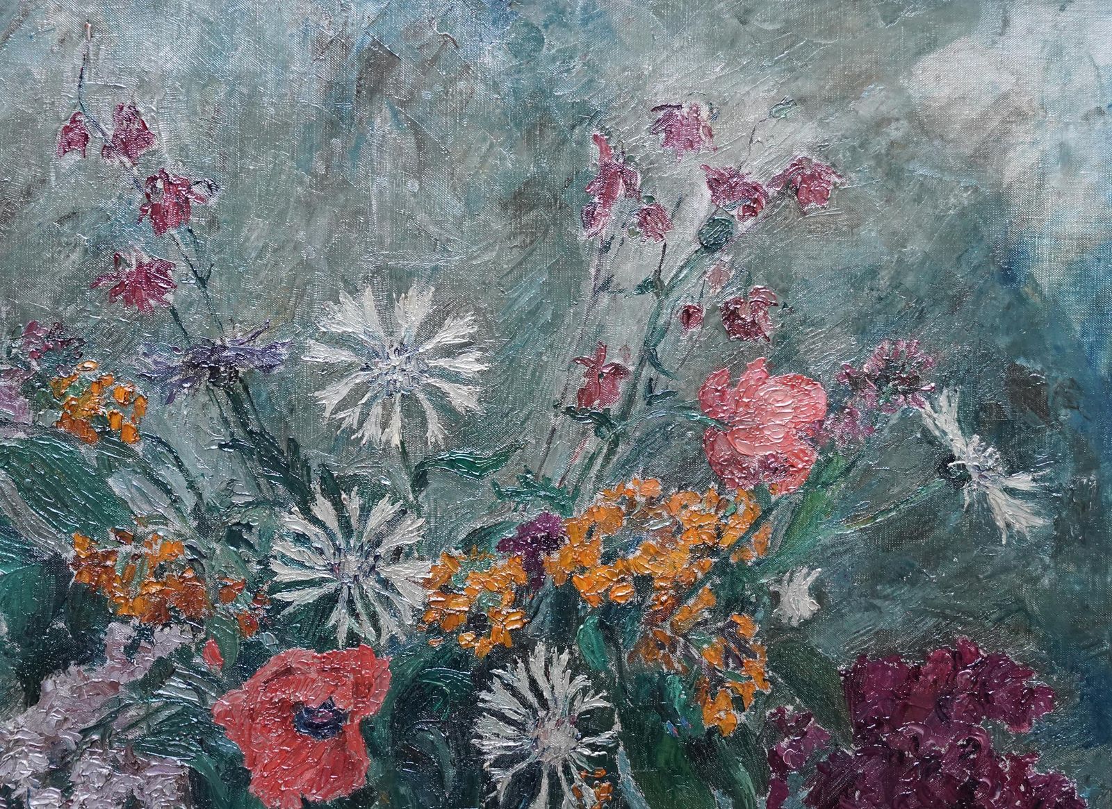 Grace Englishflowers In Blue Vase   British Slade School 30s Floral Still Life Oil Painting1930 photo for sale