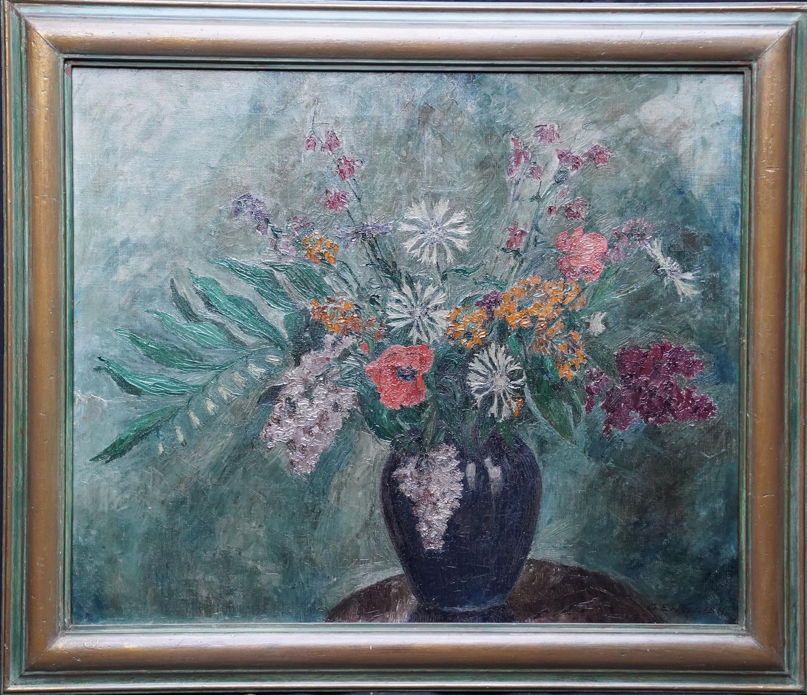 photo buy Grace Englishflowers In Blue Vase   British Slade School 30s Floral Still Life Oil Painting1930