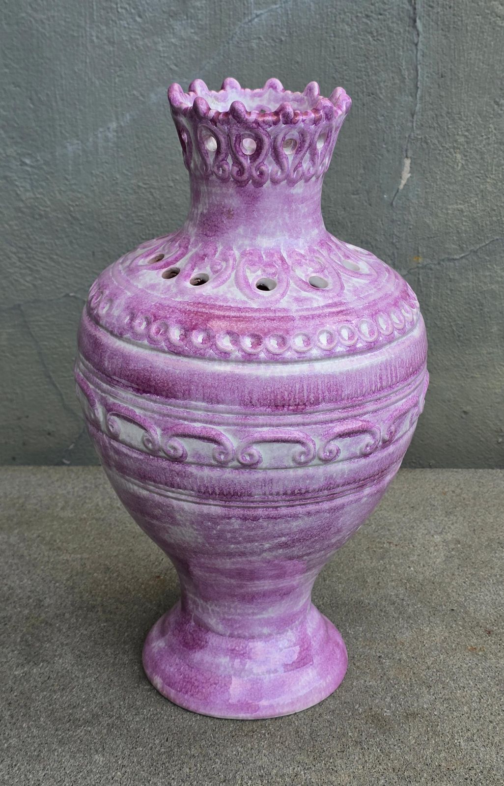 German Mid Century Pierced Art Pottery Vase In Violet Glaze, Circa 1950s photo Home Decor