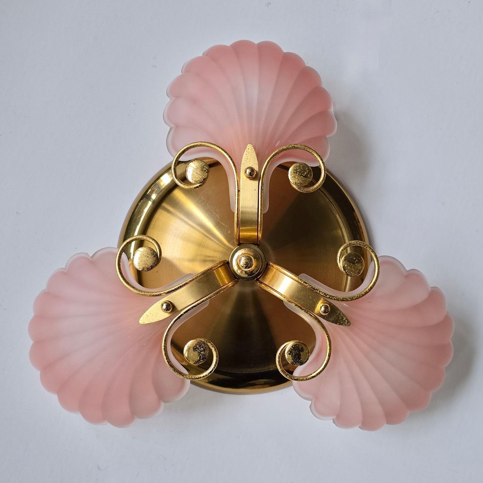 Rare Italian Mid Century Ceiling Light With Pink Shell Glass Shades And Gilt photo for sale