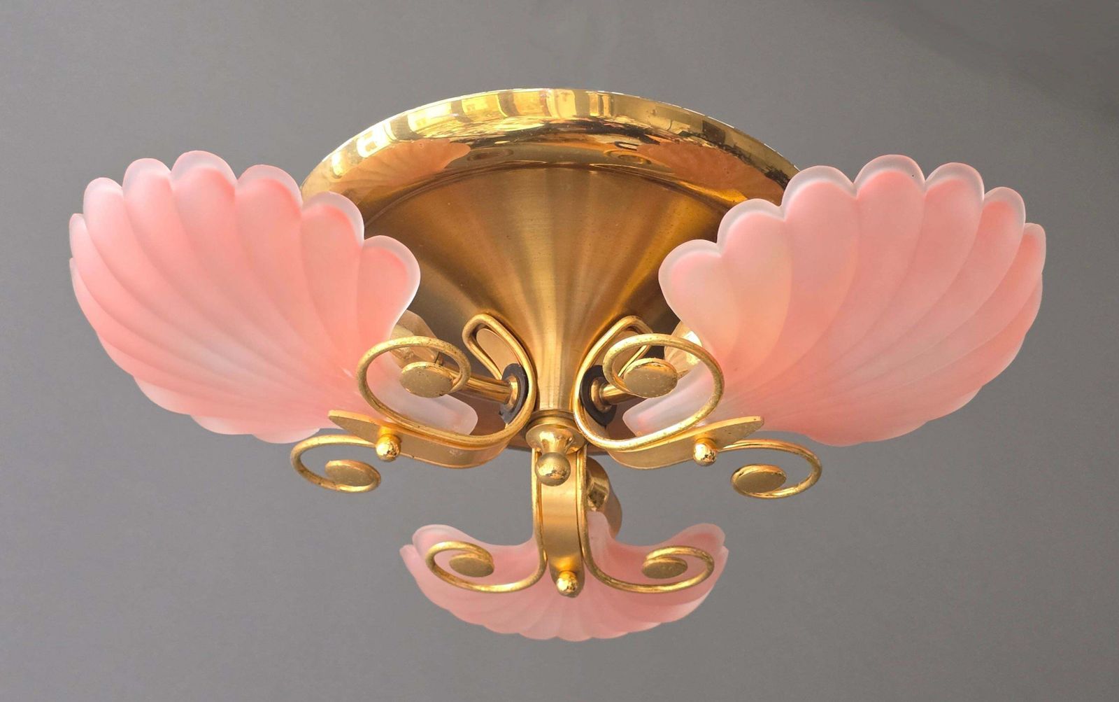 Rare Italian Mid Century Ceiling Light With Pink Shell Glass Shades And Gilt photo vintage