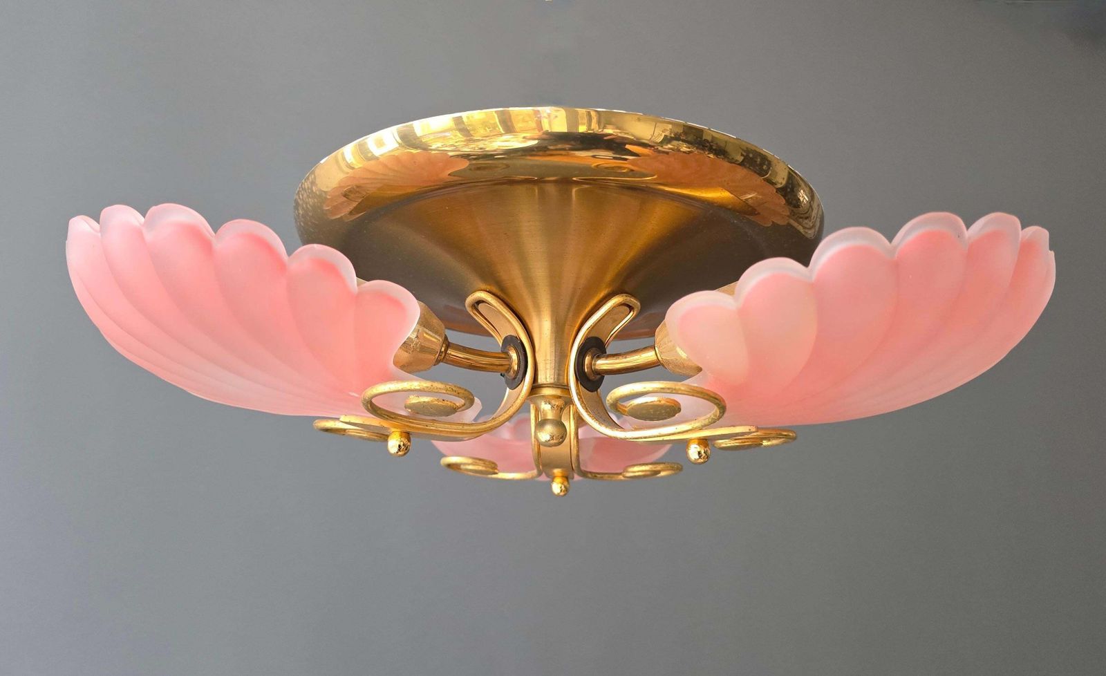 photo for sale Rare Italian Mid Century Ceiling Light With Pink Shell Glass Shades And Gilt