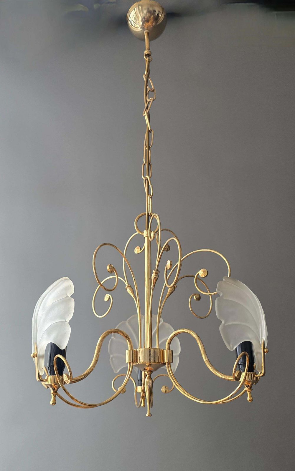 Italian Gold Tone Chandelier With Frosted Shell Glass Shades, 1970s photo Lighting