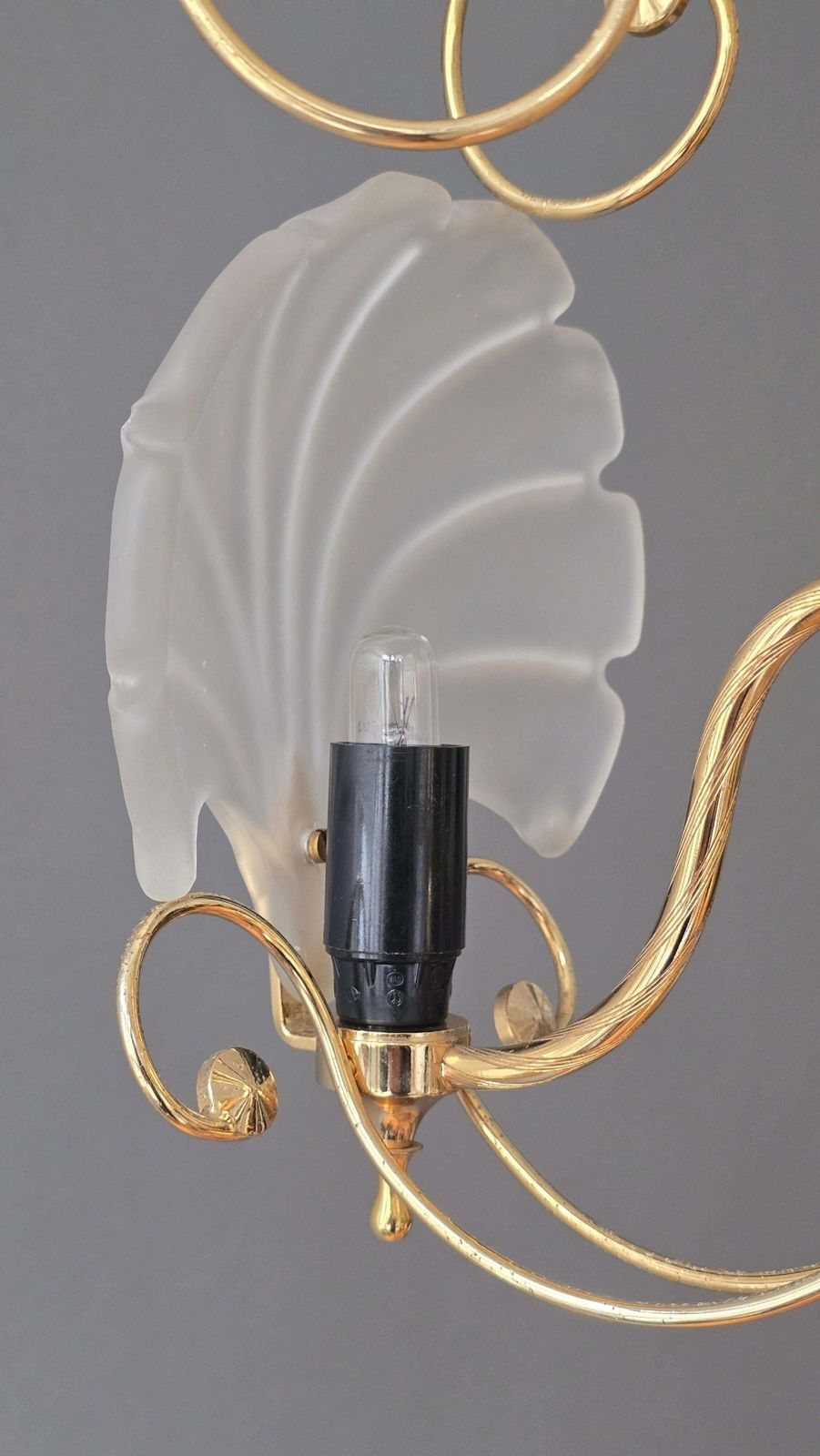 Lighting Italian Gold Tone Chandelier With Frosted Shell Glass Shades, 1970s photo