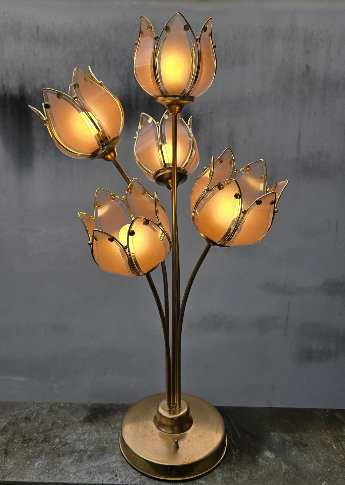 Italian Floral Glass And Brass Tulip Table Lamp, 1970s photo furniture