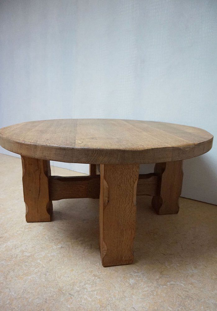 Brutalist Wabi Sabi Handcrafted Round Oak Coffee Table 1960s photo furniture