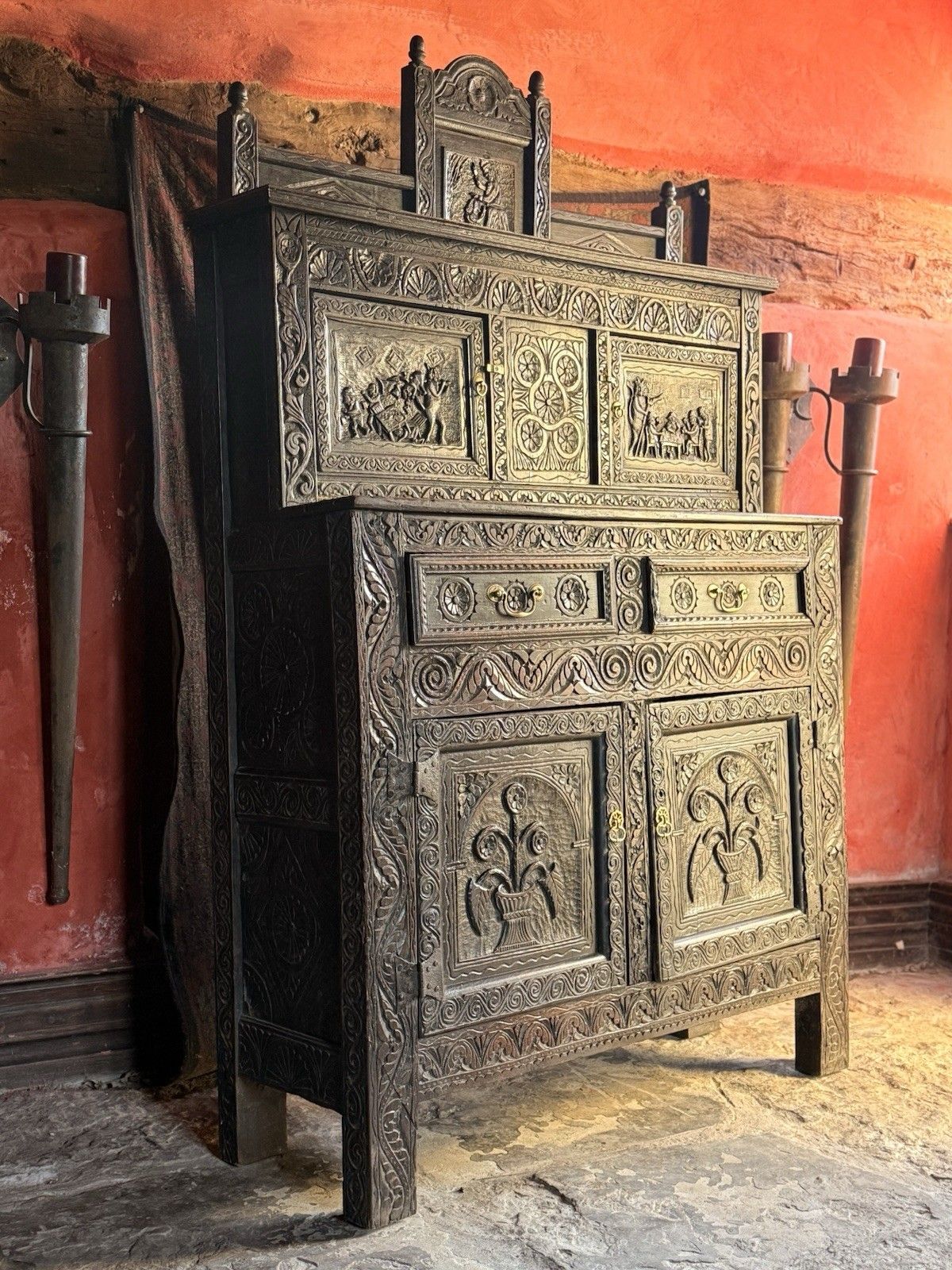 Rare Jacobean Antique Oak Hand Carved Folk Art Cabinet Buffet Cupboard 1600's photo vinterior