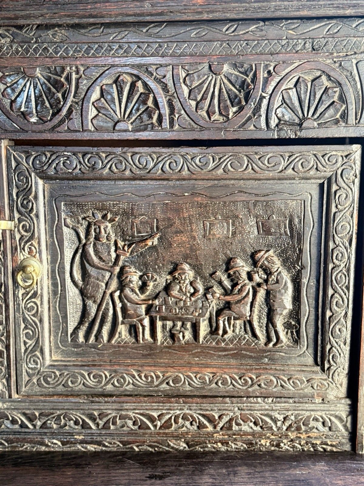 photo furniture Rare Jacobean Antique Oak Hand Carved Folk Art Cabinet Buffet Cupboard 1600's